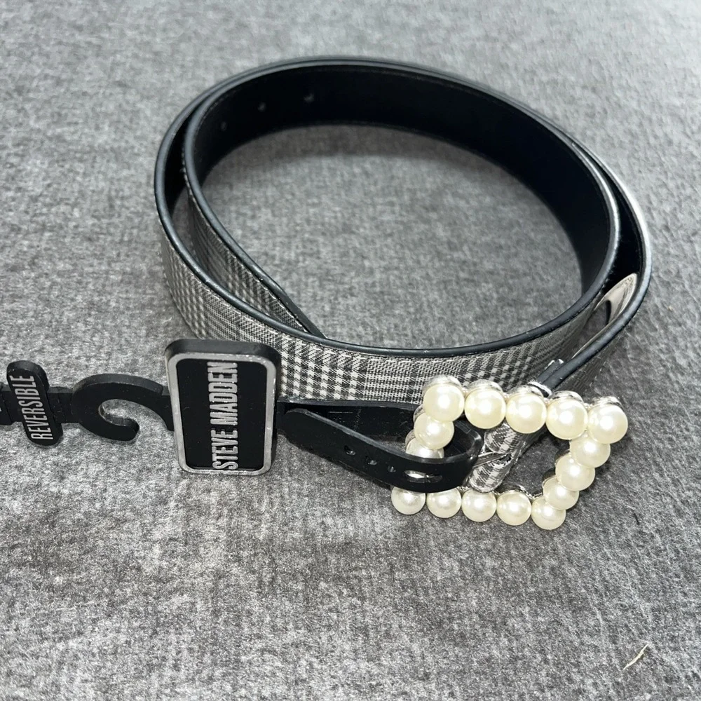 Steve Madden Women's Plaid & Imitation‎ Pearl Belt White Large NWT! $38